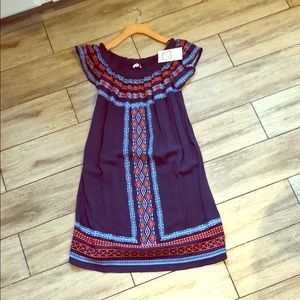 Off the shoulder navy dress with embroidery